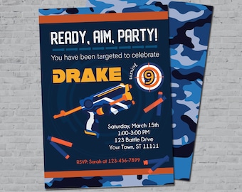 May include: A blue and orange birthday party invitation with a camouflage pattern. The invitation says "Ready, Aim, Party!" and "Drake turning 9".