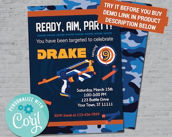 Nerf Birthday Invitation: Dart War Party, Editable (Digital File)