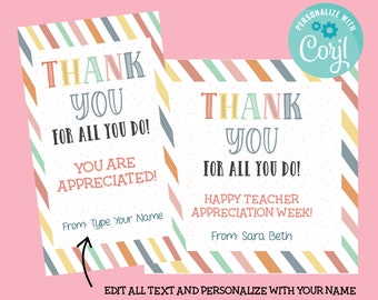 Printable Teacher Appreciation Boho Gift Tag, Instant Download Thank You For All You Do Editable Gift Tag, Edit with Corjl