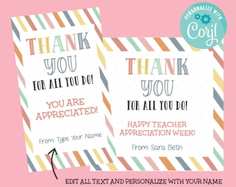 Printable Teacher Appreciation Boho Gift Tag, Instant Download Thank You For All You Do Editable Gift Tag, Edit with Corjl