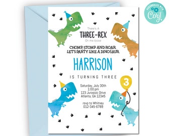 3-REX dino 3rd Birthday Invite, Dinosaur party invitation | Stomp, Chomp, Roar | RAWWR invite Editable Digital Corjl INSTANT Download