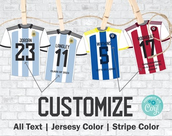 May include: Four customizable soccer jersey designs with different names and numbers. The jerseys are blue, white, yellow, and red with white stripes. The text "CUSTOMIZE" is in large black letters below the jerseys. The text "All Text | Jersey Color | Stripe Color" is below the word "CUSTOMIZE".