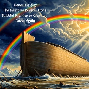 Puede incluir: Ilustración digital del Arca de Noé bajo un arcoíris. El cielo está nublado con rayos de sol. El texto dice "Génesis 9:9-17" y "El arcoíris revela la fiel promesa de Dios a la Creación: Nunca más".