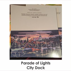 Tarjetas navideñas del Desfile de Luces del Muelle de la Ciudad, Annapolis, paquete de 10 tarjetas y sobres, pintura popular del artista en una tarjeta navideña de Maryland