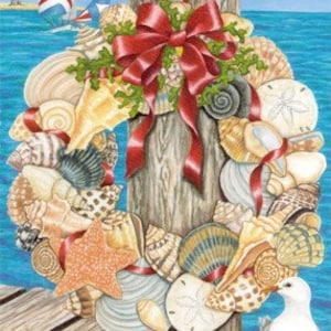 Cartes de Noël couronne de coquillages - voeux les plus chaleureux avec voiles, lot de 18 cartes et enveloppes, carte de voeux d'artiste, mouette nautique