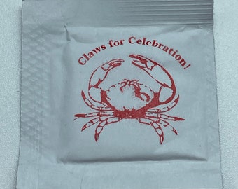 Claws for Celebration Crab wet wipes, moist towelette packets for your crab feeds, weddings-events-parties, seafood feasts, minimum 25 wipes