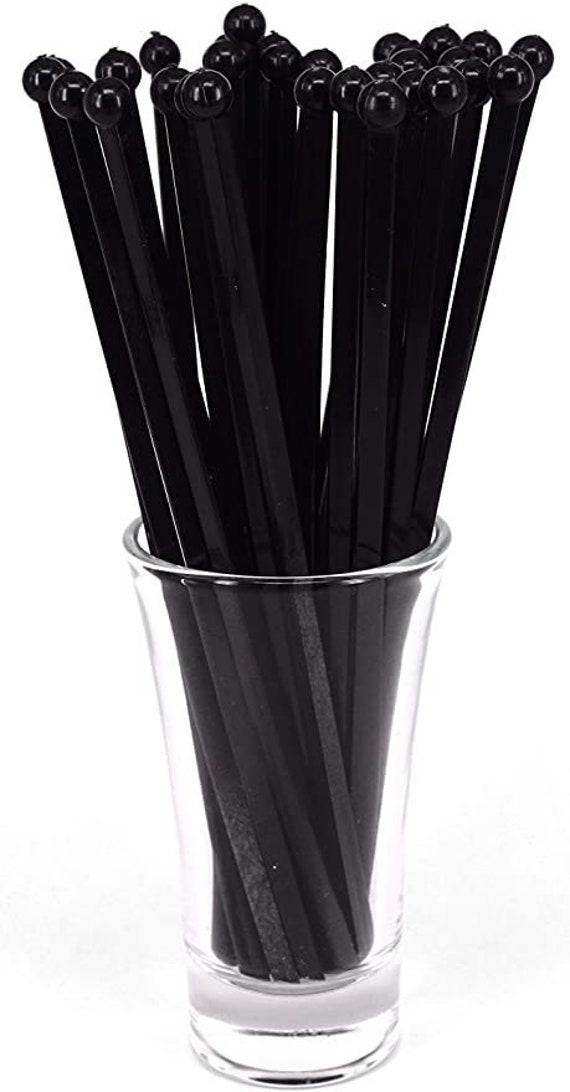 BLACK Swizzle Sticks, plastic drink sticks, ball top stick stirrer, plain  swizzle sticks for your drinks/bar stir sticks, barware-pack of 50