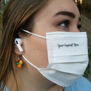 Personalized Disposable 3 ply Face Mask w/nose clip & ear loops, min 5 masks w/custom imprint! Brand it! Parties, offices, weddings, events