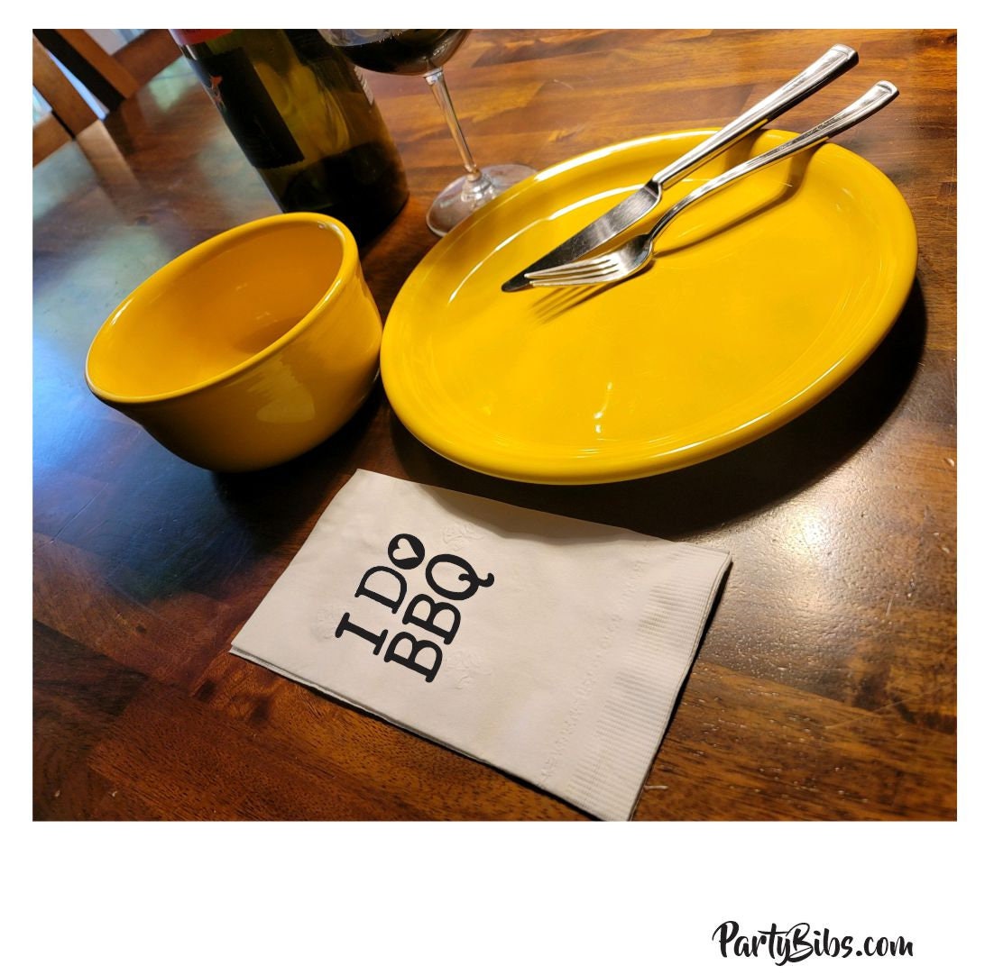 I DO BBQ Heart Napkins Pack of 25 guest napkin size white with a one color stock imprint great for wedding barbeques messy I
