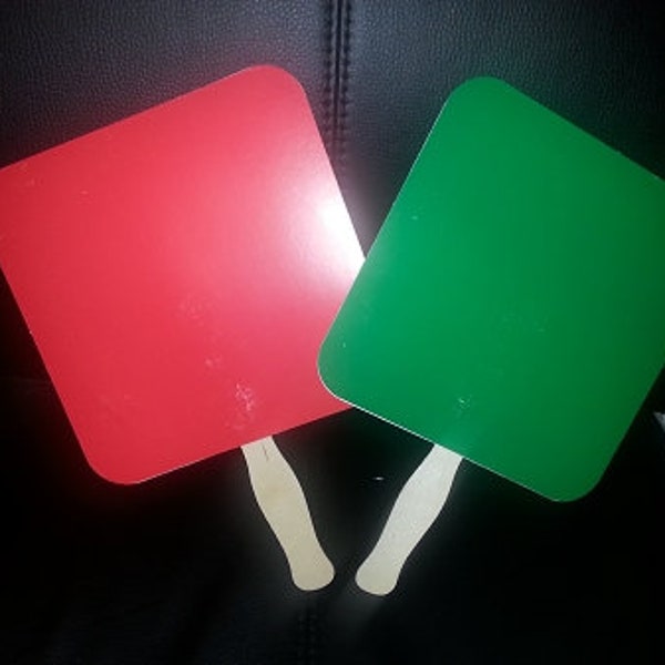 Reaction Paddle Fans - RED on one side and GREEN on other side, sold individually paper cardstock and wooden stick hand fan auction paddle