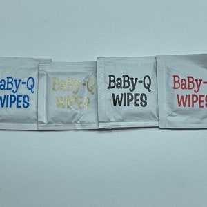 BaBy-Q Wet Wipes Moist Towelettes with stock baby bbq design-choose the imprint color, babies are messy, showers, gender reveals, 25 minimum