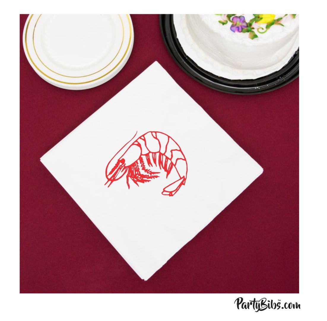 SHRIMP Napkins, Pack of 25-beverage cocktail size-white w/ one color imprint- great for parties, low country boils, seafood dinners, prawns