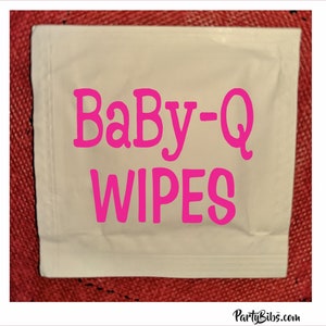 May include: A white package of Baby-Q wipes with pink lettering.