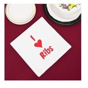 I Heart Ribsナプキン、25枚パック、ドリンクカクテルサイズ、白、刻印入り - パーティーやシーフードディナーに最適