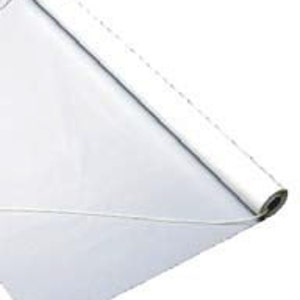 May include: A white roll of plastic sheeting, commonly used for protecting surfaces during painting or other DIY projects.