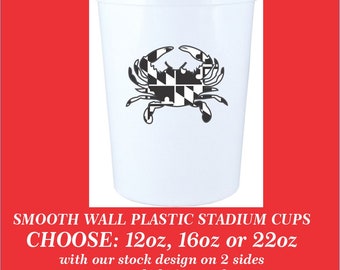 メリーランド州旗のカニのストックデザインの滑らかな壁のプラスチック製イベントスタジアムカップ。パーソナライズできます。12オンス、16オンス、22オンスのカップからお選びください。