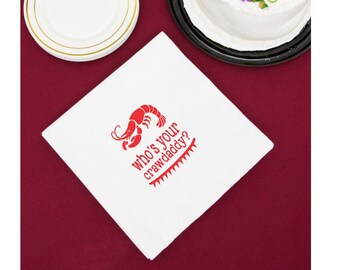 „Who's Your Crawdaddy“-Servietten, 25er-Pack, Größe für Getränkecocktails, weiß mit Aufdruck – ideal für Partys und Abendessen mit Meeresfrüchten