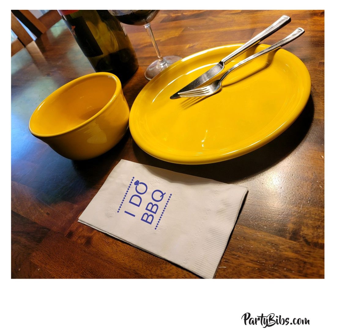 I Do BBQ Diamond Napkins Pack of 25 guest napkin size white with a one color stock imprint great for weddings and barbeques