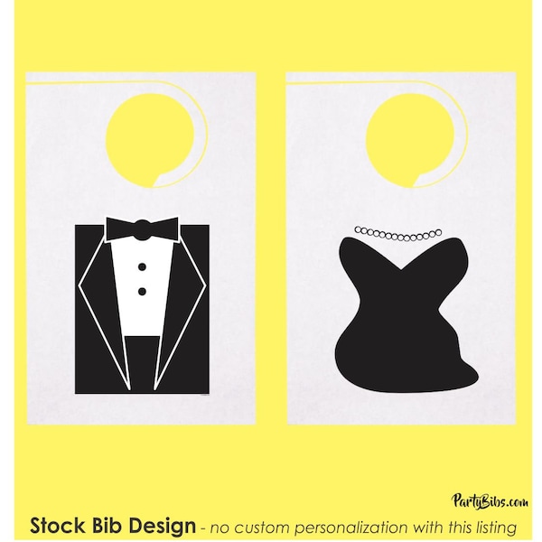 STOCK Party Bibs-Tuxedo Bibs & Fancy Dress Bibs, pairs for your wedding event guests-Adult disposable smooth poly back paper-minimum 10 bibs