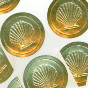 Scallop Shell, pack of 20 stickers, GOLD or SILVER envelope seals for wedding or other correspondence, metallic seal, embossed design