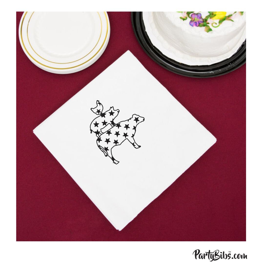 Cow Pig Chicken Napkins Pack of 25 luncheon napkin size white with a one color stock imprint great for wedding and barbeques