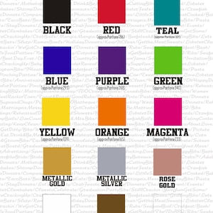 May include: A chart showing standard imprint colors for various products. The colors are displayed in squares with their Pantone numbers and approximate color names. The colors include black, red, teal, blue, purple, green, yellow, orange, magenta, metallic gold, metallic silver, white, brown, and rose gold.