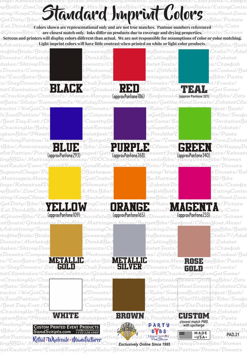 May include: A chart showing standard imprint colors for various products. The colors are displayed in squares with their Pantone numbers and approximate color names. The colors include black, red, teal, blue, purple, green, yellow, orange, magenta, metallic gold, metallic silver, white, brown, and rose gold.