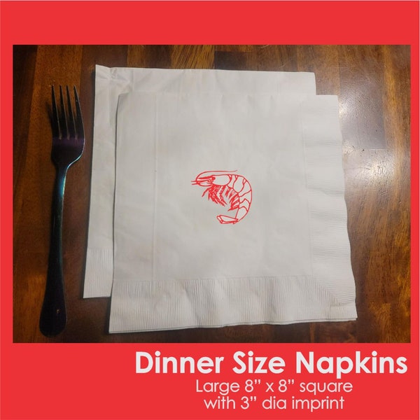 Single Shrimp Napkins, Pack of 25, dinner size napkins, white with a one color stock imprint - great for weddings and barbeques