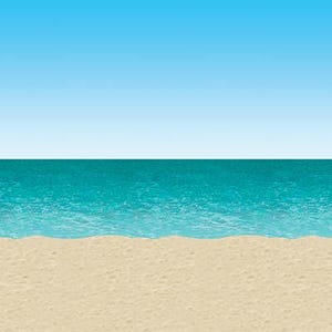 Könnte beinhalten: Eine digitale Illustration einer Strandszene mit blauem Himmel, türkisfarbenem Wasser und weißem Sand.