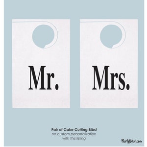 Cake Cutting Bibs! One Pair of Mr. & Mrs. Party Bibs-BLOCK Text-Clean Happy Couple-Cut the Cake-Great for all Messy Wedding Events-per pair