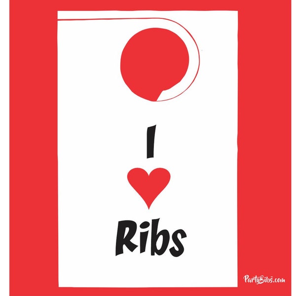 I Love RIBS party bibs, stock design for messy dinners, bbq, rib bibs, barbeque bibs, paper front/poly back-adult disposable-pack of 10 bibs