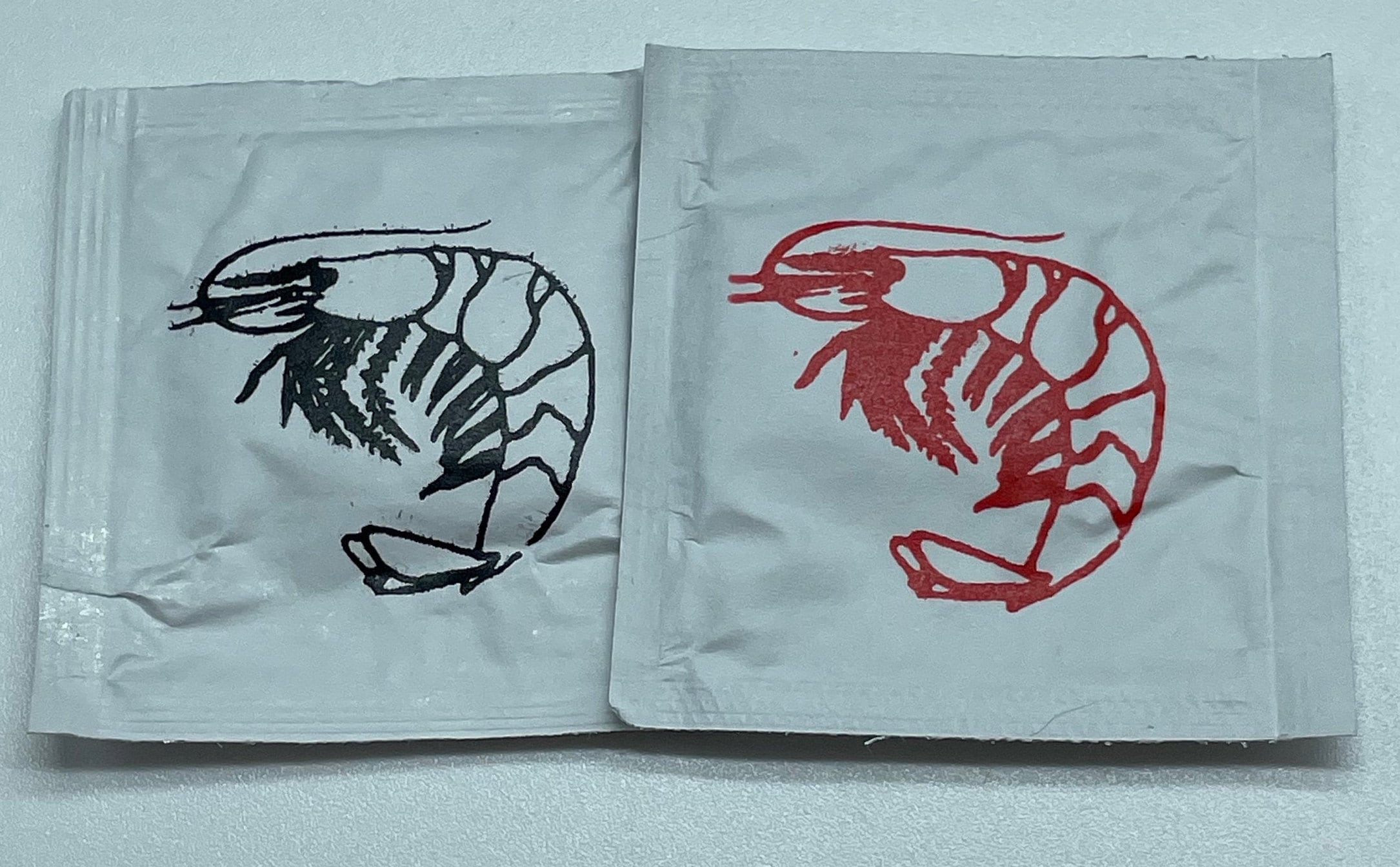 Shrimp Wet Wipes, shrimp boils! stock design shrimp printed on one side of moist towelette packet for boils-dinners-events, minimum 25 wipes