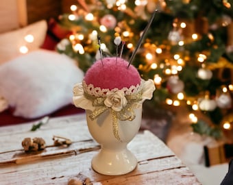 Needle Felted Wool Pin Cushion, Porcelain Base, Handmade Decor