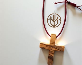 Hand Carved Olive Wood Cross Necklace – Reclaimed Wood, Leather Cord