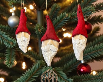 Hand-Carved Wooden Gnome Ornament – Scandinavian Christmas Decor | Rustic Poplar Wood Carving | Forest Gnome Gift | Single, Pair or Trio