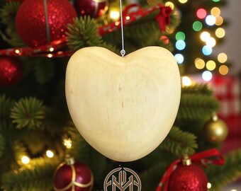 Hand-Carved Wooden Heart Ornament • Natural Poplar, Christmas Decor