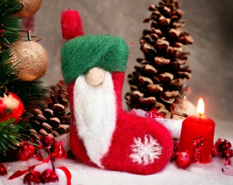 Needle Felted Christmas Stocking, Wool Ornament, Holiday Decor