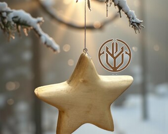 Hand-Carved Wooden Star Ornament • Rustic Christmas Decor