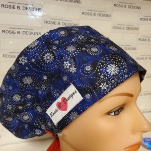FLAKES on  navy blue /pixie  Euro hat/medical  scrub/chemo
