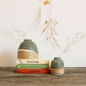 May include: Two small ceramic vases with a green glaze and brown stripes. The vases are sitting on a stack of books with the titles "Painting", "British Wild Flowers", and "Birds' Eggs".