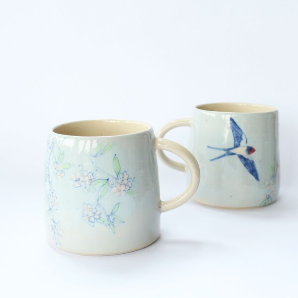 Swallow and Apple Blossom Stoneware mug handmade in Devon