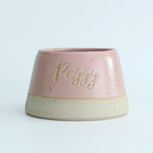 May include: A pink ceramic pet bowl with a white rim and the name "Peggy" inscribed in gold lettering.