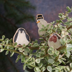 Könnte beinhalten: Nahaufnahme einer Topfpflanze mit drei kleinen dekorativen Keramikfiguren. Die Figuren umfassen einen Pinguin, einen Schneemann und einen Vogel. Der Pinguin ist schwarz und weiß, der Schneemann hat einen schwarzen Hut und der Vogel hat eine rote Brust.