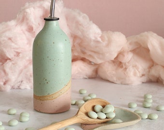 Handmade Ceramic Spoon Rest | Pastel Green and Pink | Stoneware Unique Kitchen Gift