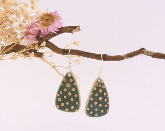 Forest Green Gold Spotted Silver Drop Earrings