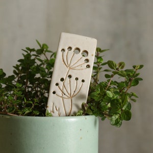 May include: White ceramic plant marker with a cut-out design of two flower sprigs. The marker is sitting in a green pot with a small green plant.