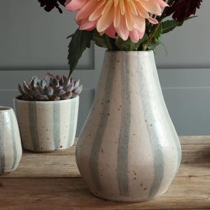 May include: A ceramic vase and a matching ceramic planter, both featuring a cream-colored base with vertical light blue stripes and dark brown speckles. The vase is filled with a large pink and dark red dahlia flower, while the planter holds a succulent.