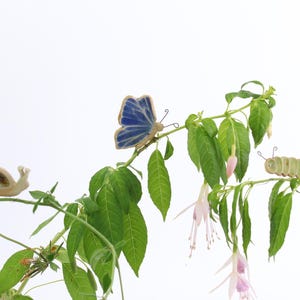 Op de afbeelding: Een grillige opstelling met keramische beeldjes van een slak, een blauwe vlinder en een groene rups op een bloeiende plant met groene bladeren en roze bloesems. De achtergrond is effen wit.