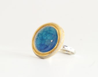 Large Round Turquoise Blue Lagoon Sterling Silver Adjustable Ring