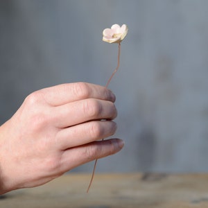 May include: A small, pale pink ceramic flower attached to a thin, flexible copper-colored wire stem. The flower features five rounded petals with a textured, off-white center, creating a delicate and simple botanical ornament for decorative use.
